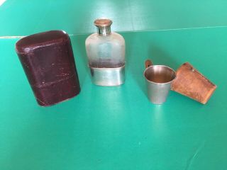 Antique Vintage Sterling Silver Flask With Sterling Shot Cup W/leather Case