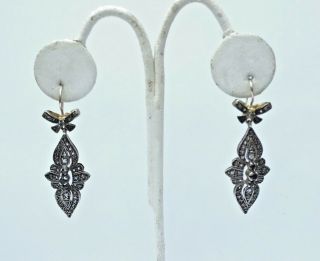 Estate 14k & Silver Rose Cut Diamond & Sapphire Bow Dangle Earrings 10.  3 Grams