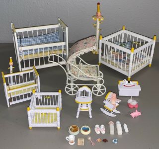 Vintage Miniature Dollhouse Nursery 27 Piece Set 1950’s Style Baby Bed Stroller