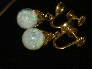 14k Solid Gold Opal Earrings Floating Opals Vintage Earrings Opal Chips Glass