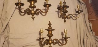 3 Antique Solid Bronze Georgian Style 2 Arm Wall Light Sconce Early 20th Century