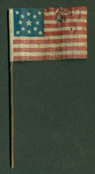 C 1876 Old Vintage 13 Star Centennial U.  S.  American Parade Flag On Wooden Stick