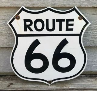 Vintage Us Route 66 Porcelain Gas Auto Road Travel Car Highway Pump Plate Sign