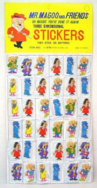 Mr.  Magoo Puffy Stickers 1979 Vintage Store Display Card Of 36