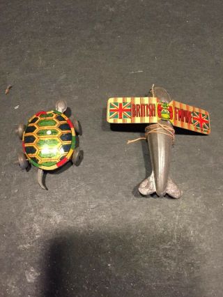 Two Antique Tin Litho Japan Toys Airlpane And Turtle