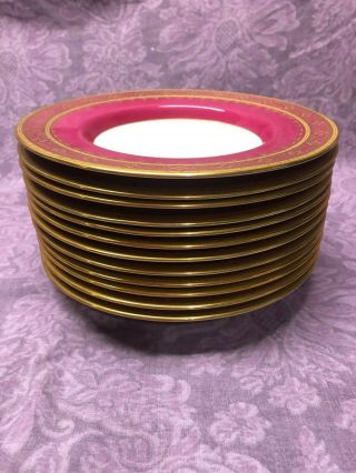 Vintage Minton Set of 12 Rimmed Soup Bowls Tiffany & Co Encrusted Gold Trim Red 2