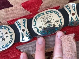 Fine Singer Style Chip Inlay Vintage Sterling Silver Story Teller Concho Belt 7
