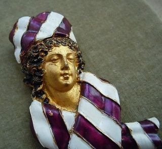 Magnificent French Depose Art Deco Enamel Woman Figural Fur Clip Pin,  Gold Gilt 2