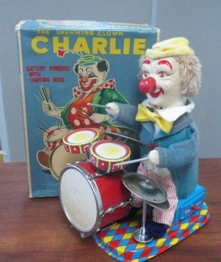Vtg Alps Cragstan Battery Operated Charlie The Drumming Clown W/orig Box