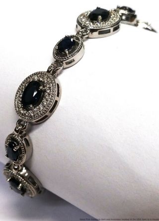 14K White Gold Natural Sapphire Fine Diamond Ladies Long 7in Vintage Bracelet 3
