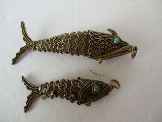 Gold Plated Silver Filagree Koi Pendant Pill Box Articulated Two 3.  5 " & 2.  25 "