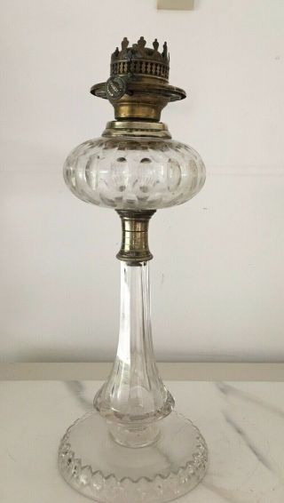 Antique Cut Glass Oil Lamp Facet Cuts On A Glass Column Base
