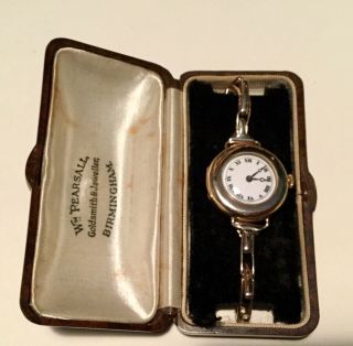 Antique 9ct Gold Cased Ladies Wrist Watch And 9ct Strap.  Bakelite Box.