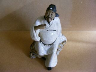 Vintage Chinese Mud Man Daoist Immortal Cao Guo Jiu Crackle Glaze Figurine 2