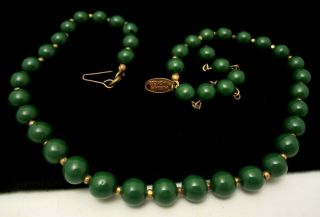 Rare Vintage 16 " X1/4 " Signed Miriam Haskell Jade Green Glass Bead Necklace A1