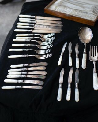 Antique Mother Of Pearl Flatware Set In Wooden Case