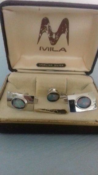 Vintage Mila Sterling Silver Opal Cufflinks And Tie - Pin Australian