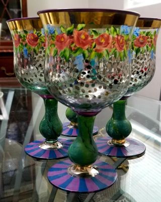 Mackenzie Mckenzie Childs Hand Painted Vintage Goblet Wine Glass Set Of 4