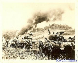 Port.  Photo: Action Troops W/ M4 Sherman Tanks Move Towards Japanese Positions
