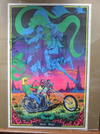 Vintage Velvet Black Light Poster 1971 Flocked Ghost Rider Inv G1360