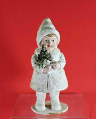 Rare Antique German Snow Girl W/ Feather Tree Christmas Candy Container