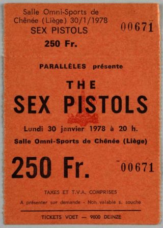 Sex Pistols - Mega Rare Vintage Liege 1978 Full Concert Ticket