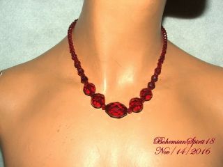 Antique Vintage Art Deco Ruby Red Bohemia Czech Glass Beads Strand Necklace