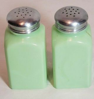 Vintage Square Fire King Anchor Hocking Jadeite Salt and Pepper Shakers 6