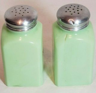 Vintage Square Fire King Anchor Hocking Jadeite Salt and Pepper Shakers 7