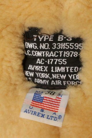 Vtg AVIREX B - 3 Brown USAAF Sheepskin Leather Flight Jacket Size 38 5