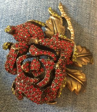Heidi Daus Big Red Rhinestone Rose Flower Brooch Pin
