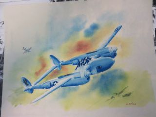 Vintage Wwii Black Widow Airplane Watercolor Signed D.  Esmond