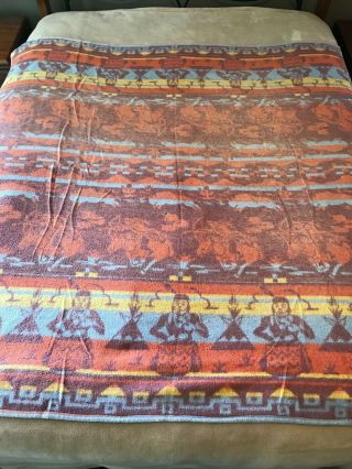 Vintage Western Camp Blanket Indian Teepee Buffalo Horses Reverse Colors 66 X 68