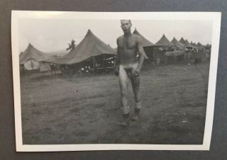 Vintage Sm Photo Nude Ww2 Marine Soldier Naked Man Boots Base Snapshot