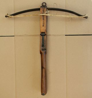 Antique Swiss Crossbow - Carved Wood & Forged Metal
