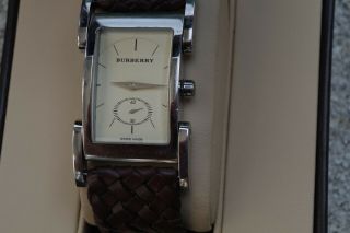 Vintage Burberry Watch,  tank style,  braided leather strap,  Stainless case,  Swiss 6