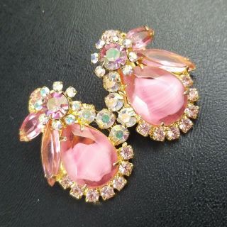 D&e Juliana Vintage Pink Ab Pear Rhinestone Gold Tone Chunky Clip Earrings V2
