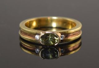 Vintage 18k Yellow & Rose Gold Demantoid Garnet & Diamond Ring Sz 8
