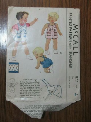 Vintage Mccall Sewing Pattern 877 Size 1 Children 