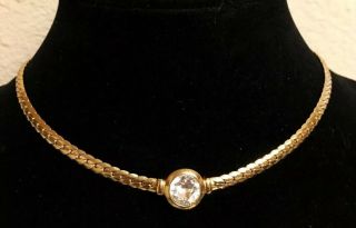 Vintage Christian Dior Solitaire Rhinestone Choker Necklace Gold Tone Designer