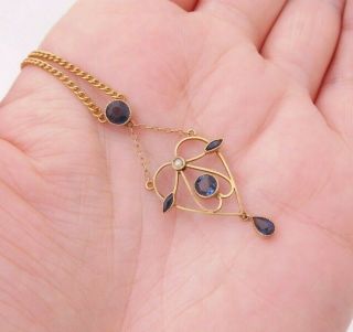 9ct Gold Blue Stone Seed Pearl Pendant On Chain,  Victorian Art Nouveau