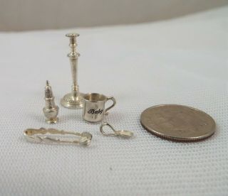 Dollhouse Miniature Sterling Silver Baby Cup Spoon Candlestick Salt Sugar Tong