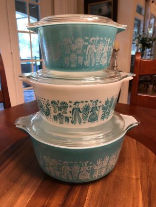 3 Pyrex Round Casserole Bowls With Lids 473 474 475 Lid Vintage Turquoise Amish