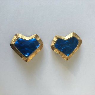 Christian Lacroix Vintage Clip On Earrings Gold Tone Blue Enamel Heart Shaped