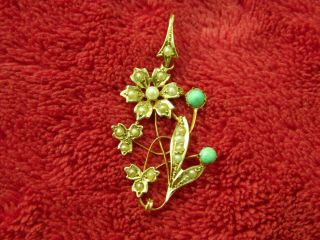 Victorian Stamped 9 Carat Gold Turquoise And Seed Pearl Flower Pendant 31mm
