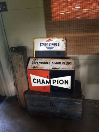 Vintage Champion Spark Plug Tool Cabinet / Hanging Shelf / Antique Sign Gas Oil
