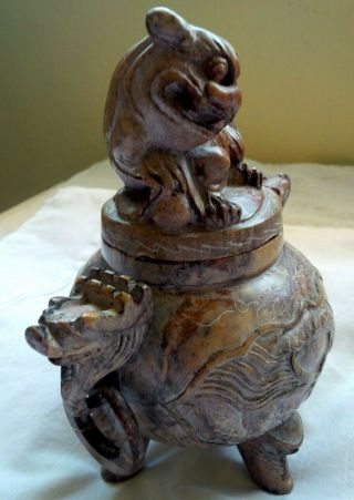 Vintage Chinese Soapstone Hand Carved Dragon Foo Dog Lid Incense Burner Heavy