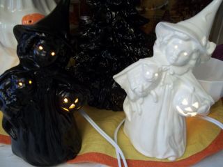 Set Of 2 Ceramic Victorian Halloween Witch Lights Black,  White Sisters Vtg Style