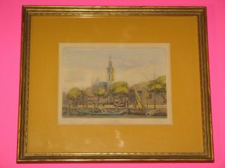 Vintage Signed By French Artist V.  Carre Watercolor Etching Print 15 " X13 " Yellow