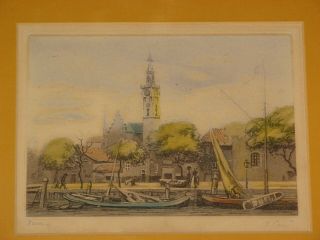 Vintage Signed by French Artist V.  Carre Watercolor Etching Print 15 